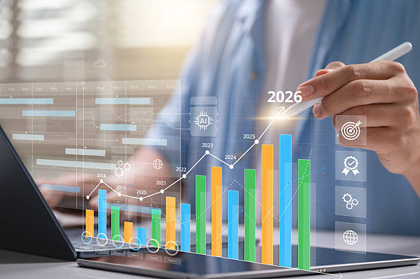 istock Business growth and future target trend analysis. with bar and line chart business forecast, data performance, AI insight, and productivity trends from 2026 for strategic development and goal tracking 2223694827
