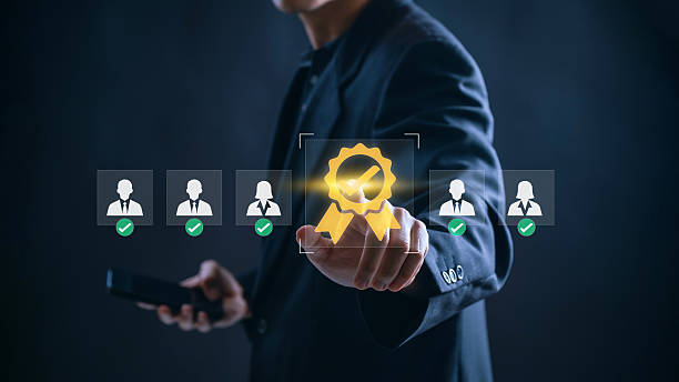 HR approving quality candidate profiles through digital selection system to top talent and certify qualifications for hiring success, employee recognition, and workforce leadership development