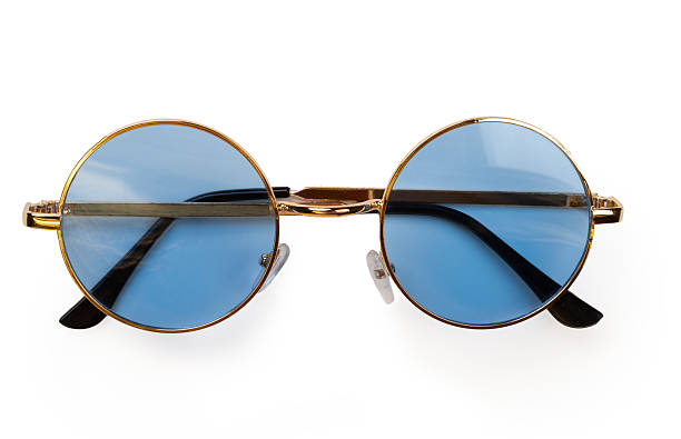 Round blue sunglasses isolated on white, top view