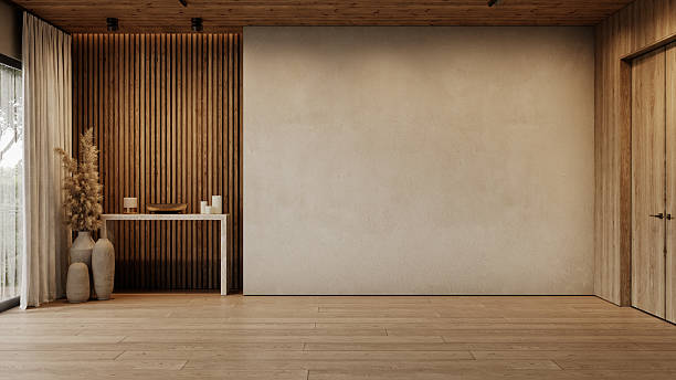istock Contemporary loft empty interior with blank wall, wall panels, pampas grass and marble console. 3d render illustration mockup. 2223697673
