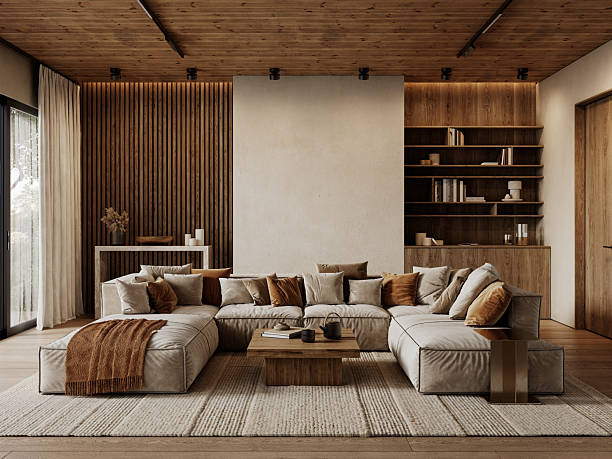 Contemporary loft interior with sofa with pillows carpet, wood wall panels and ceiling, coffee table and decor. 3d render illustration mockup.