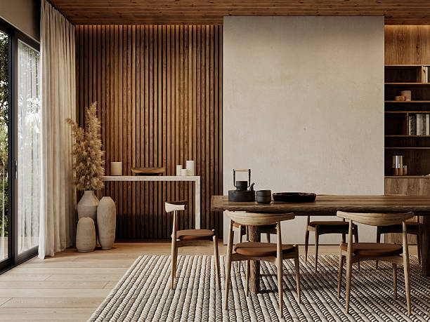 istock Contemporary loft interior with dining table, blank wall, chairs, wood panels and ceiling, carpet and decor. 3d render illustration mockup. 2223697675
