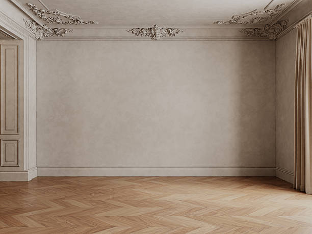 istock Classic beige empty interior with blank wall, wood chevron floor, moldings and curtains. 3d render illustration mockup. 2223697688