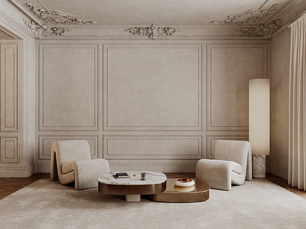 istock Classic beige interior with armchairs, coffee tables, carpet, floor lamp and decor. 3d render illustration mockup. 2223697699