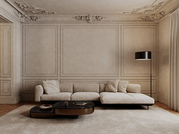 istock Classic beige interior with sofa, pillows, coffee tables, carpet, floor lamp and decor. 3d render illustration mockup. 2223697711