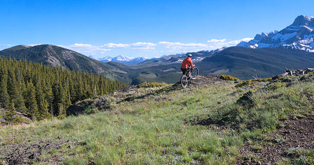 istock Young man mountain bikes trail on mountain top 2223701265