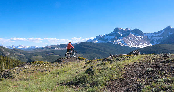 istock Young man mountain bikes trail on mountain top 2223701268