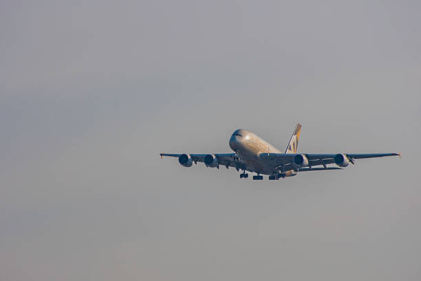 The majestic Airbus A380 super jumbo making final approach to London Heathrow Airport inbound from Dubai, UAE