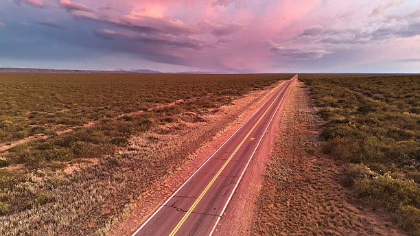 istock Asphalt road across the desert at dawn. Aerial view. 2223716094