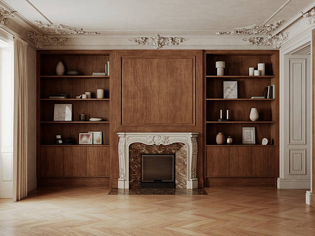 istock Classic empty interior with fireplace, brown wood cabinet, shelves and decor. 3d render illustration mockup. 2223718094