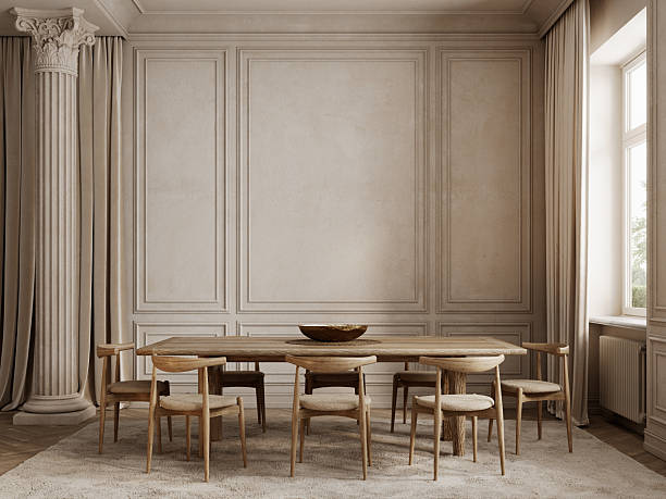 istock Classic beige interior with dining table, chairs, moldings, column, fur carpet and wood floor, 3d render illustration mockup. 2223718096