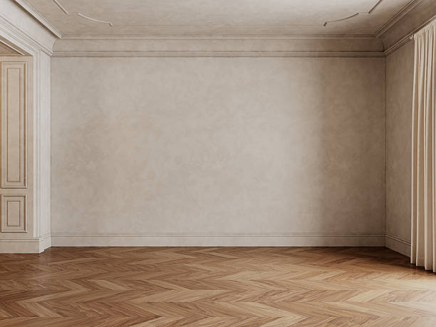istock Classic beige empty interior with blank wall, wood chevron floor and curtains. 3d render illustration mockup. 2223718105