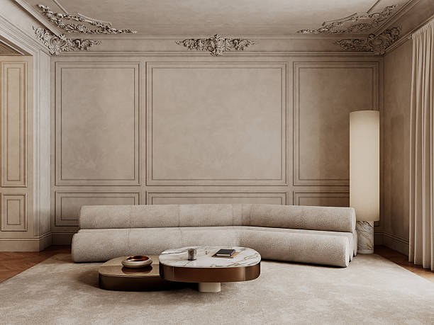 istock Classic beige interior with pipe sofa, coffee tables, carpet, floor lamp and decor. 3d render illustration mockup. 2223718106