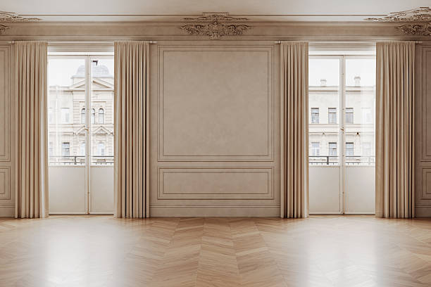 istock Classic beige empty interior with moldings, and parquet wood floor, 3d render illustration mockup. 2223718108