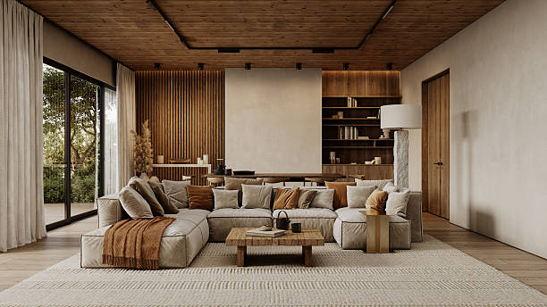 istock Contemporary loft interior with sofa with pillows carpet, wood wall panels and ceiling, coffee table, floor lamp and decor. 3d render illustration mockup. 2223718114