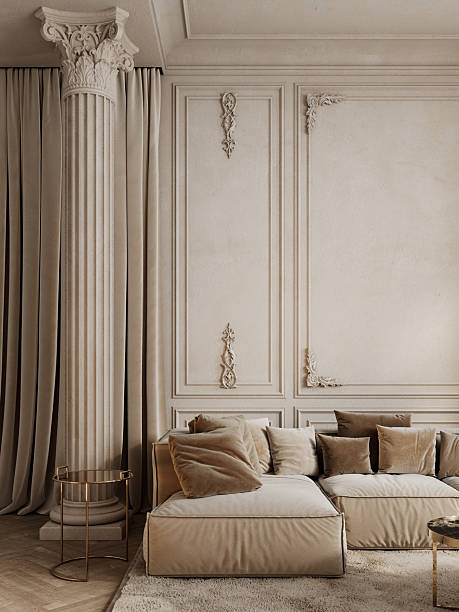 istock Classic interior with beige sofa and curtain, moldings, column, fur carpet, coffee tables and pillows. 3d render illustration mockup. 2223718115