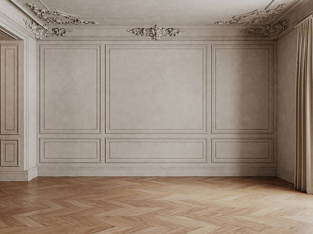 istock Classic beige empty interior with blank wall with moldings, wood chevron floor and curtains. 3d render illustration mockup. 2223721649