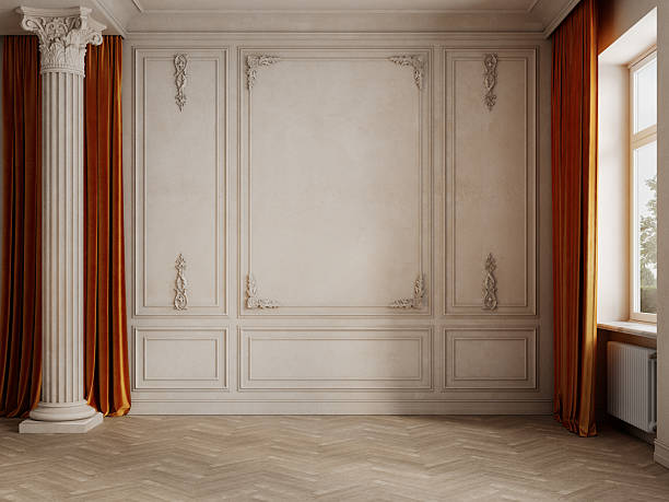 istock Classic empty interior with column, orange curtains, moldings and parquet floor. 3d render illustration mockup. 2223721677