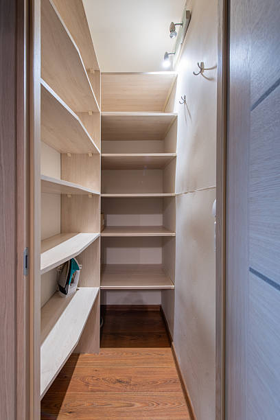 istock Wooden Closet with Empty Shelves and Organized Space. Storage Room 2223722359