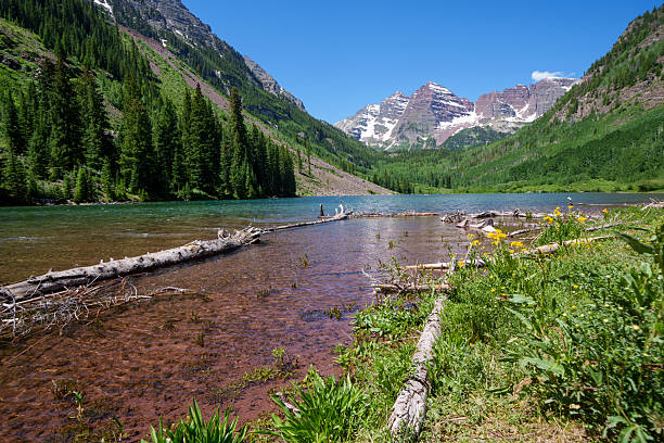 Maroon Bells on a sunny summer day, low angle wide shot