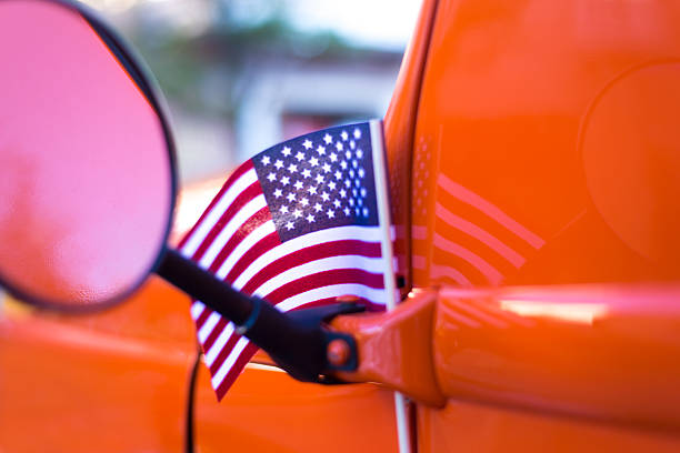 Vintage Orange Truck Side-View Mirror, US Flag