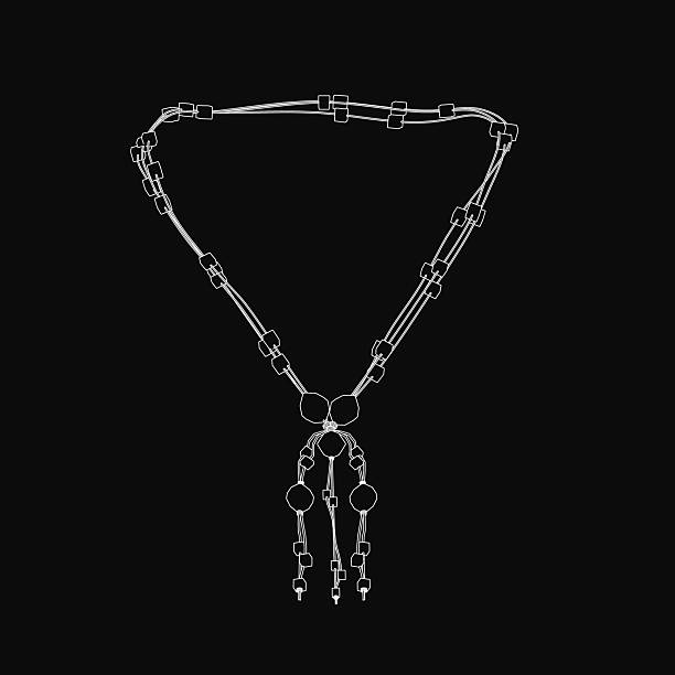 A black and white line drawing of a delicate necklace featuring a chain with a central locket and an elegant tassel. The design is clean and minimalist.