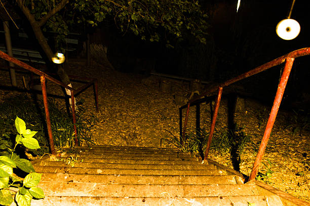 A wooden walkway with a red railing. Outdoor. Night. Stone. Raft