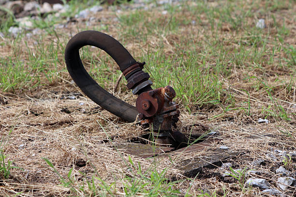 A corroded, rusted hydrant with a thick, flexible black hose protrudes from the earth in a patchy grassy area, showing signs of age, neglect, and exposure to the elements