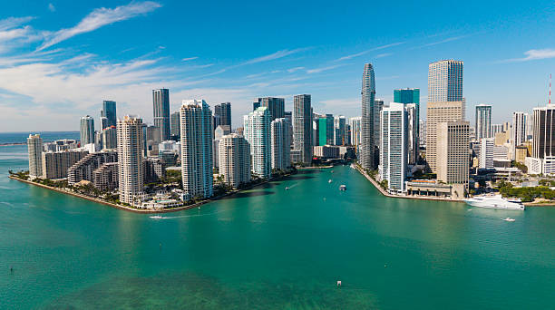 istock Panoramic modern architecture in Miami downtown, Florida. Miami skyline panoramic view. Aerial view of cityscape with skyscraper in Brickell Key, United States. Downtown Brickell Miami 2223731972