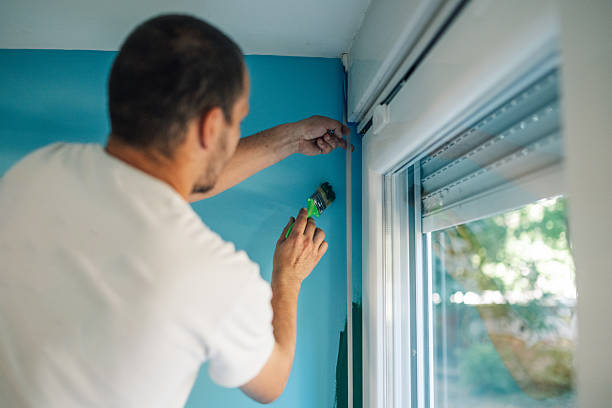 istock Painter carefully painting a wall near a window with blue paint 2223733177
