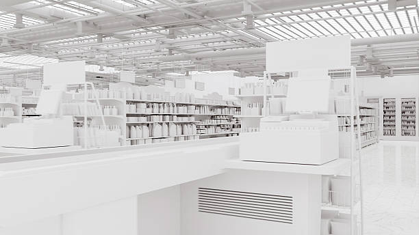 istock 3D Rendering. Store interior supermarket with shelf shelves. 2223748044