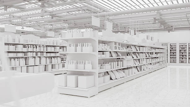 istock 3D Rendering. Store interior supermarket with shelf shelves. 2223748045