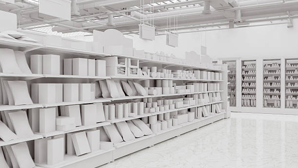 istock 3D Rendering. Store interior supermarket with shelf shelves. 2223748047
