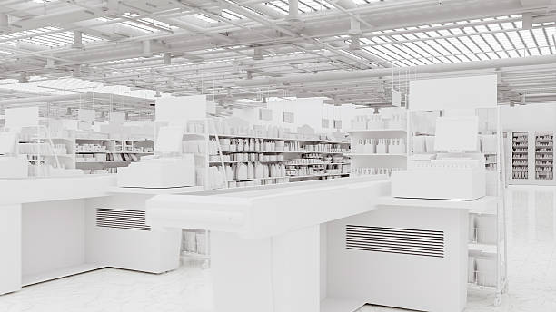 istock 3D Rendering. Store interior supermarket with shelf shelves. 2223748051