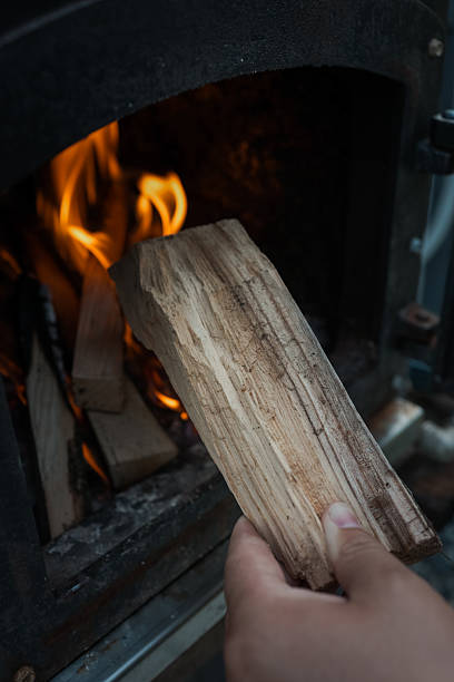 Close-up of firewood burning inside a black metal stove, with bright orange flames and glowing embers, creating a warm and rustic atmosphere