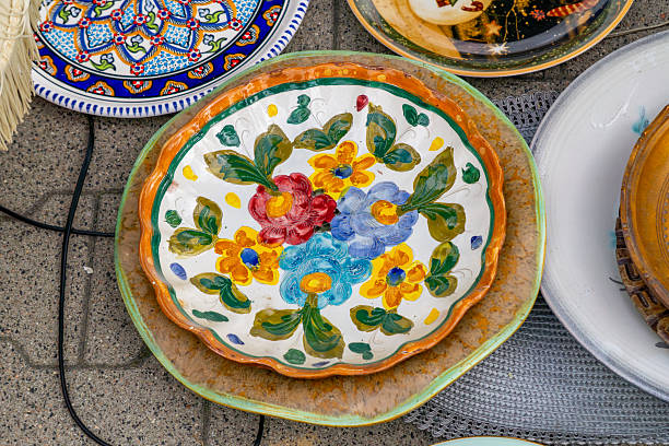 Colorful pottery dishware. Chichen Itza. Mexico.