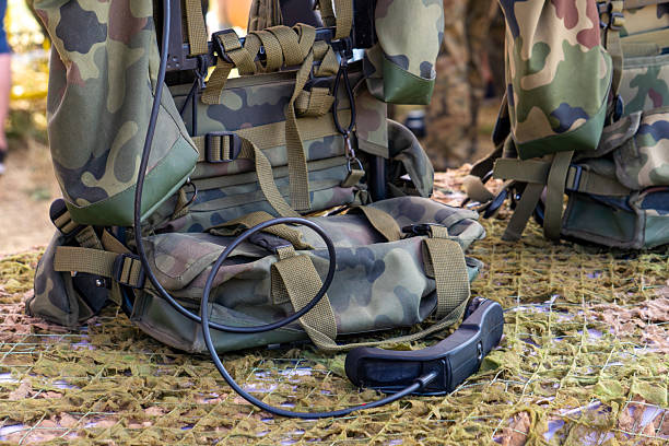 istock camo backpacks and military tactical equipment placed on camouflage netting during a display or training exercise. 2223759727