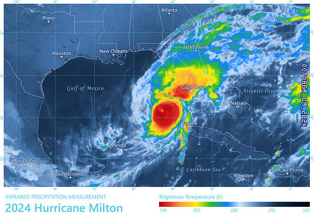 Hurricane Milton 20241009 Precipitation Map Gulf Of Mexico Precipitation Weather Map of Hurricane Milton over the Gulf of Mexico near Florida on October 09, 2024. All source data is in the public domain. Made with data courtesy from Goddard Earth Sciences Data and Information Services Center (GES DISC), NOAA. NCEP/CPC L3 Half Hourly 4km Global Merged IR V1. Countries and Boundaries: Made with Natural Earth. hurricane milton stock illustrations
