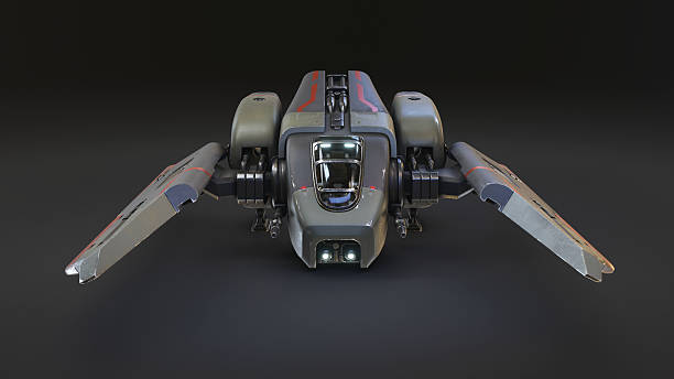 istock 3d render concept assault fighter, gunship with scratched metal grey-green, orange paint, turbines, guns. Single-pilot spaceship standing on the landing pad. Science fiction vehicle for space wars. 2223767316