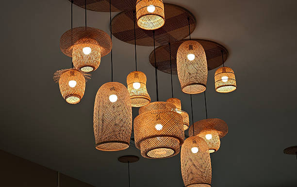 istock Lighting ceiling hanging lamp with bamboo wicker weave on roof in room 2223769067
