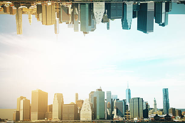 istock Creative mirrored city skyline with abstract light effects and modern architecture on a bright background showcasing urban cityscape contrasts. 2223770955