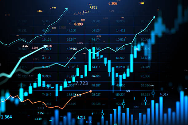 istock Digital forex and stock market chart with upward arrows and glowing data on dark screen background showing financial growth trends. 3D Rendering 2223770961