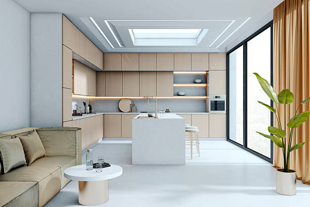 istock Modern beige kitchen interior with island, sofa, and large window with city view, featuring contemporary design and natural lighting concept. 3D Rendering 2223771041