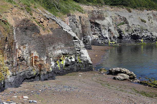 Layered coastal cliff with striking rock formations in brown, black, and white hues
