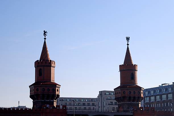 Oberbaum Bridge towers in Berlin under a clear blue sky, showcasing historic architecture and urban landscape.