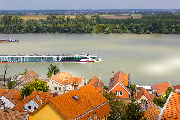 Belgrade, Serbia - September 14, 2023: Cruise ship, boat tour on the Danube river, high angle view
