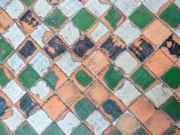 Close-up of a patterned concrete tile pavement with repeating circular and square shapes in grey tones.