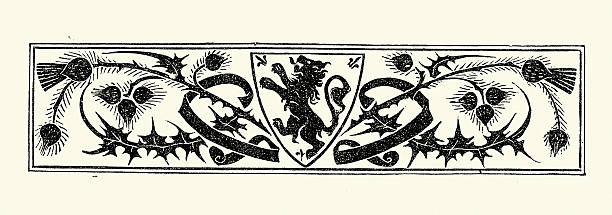 Scottish Lion Rampant and thistles design element, Vintage illustration 19th Century
