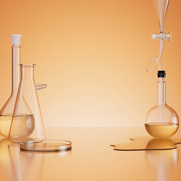 Chemical glassware with golden liquid, 3d rendering. 3D illustration.