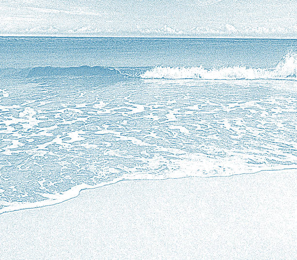 Softness background of Waves and Sand. Empty beach background with breaking waves, blue sky and horizon. No people. Extra copy space.